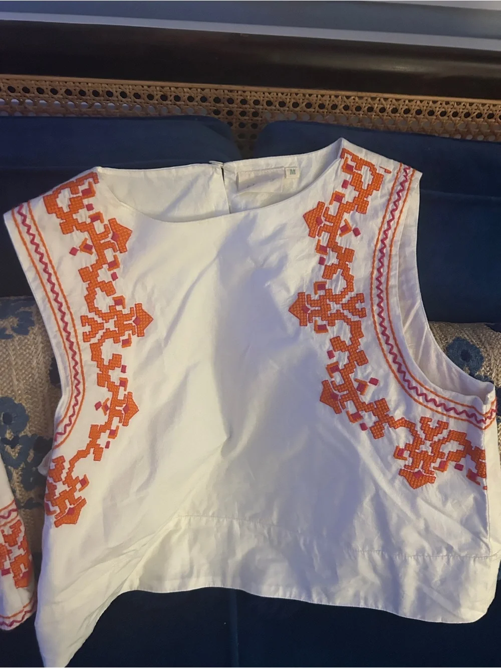 Julia Amory White Embroidered Slim Crop Tank with Orange Detail - Picture 2 of 4